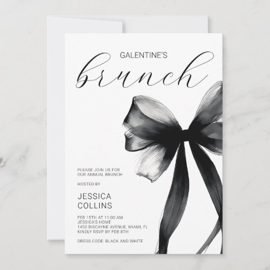 Script Black Bow Galentine's Day Brunch Party Einladung (Vorderseite)