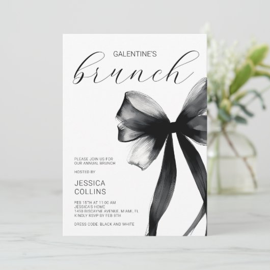 Script Black Bow Galentine's Day Brunch Party Einladung (Stehend Vorderseite)