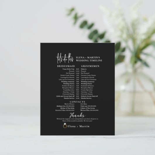 Script Black's White Minimal Wedding Day Timeline (Stehend Vorderseite)