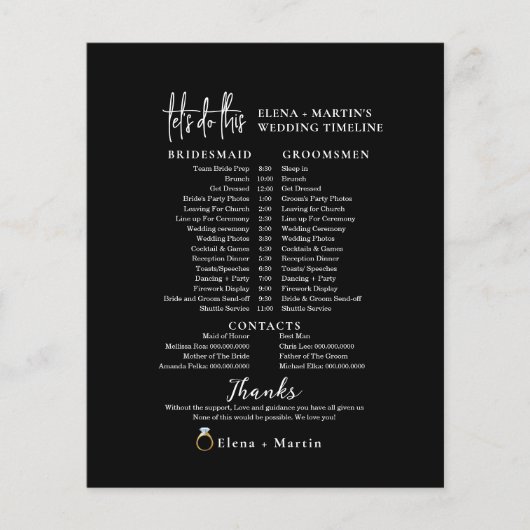 Script Black's White Minimal Wedding Day Timeline (Vorderseite)