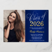 Script Blue 2025 Foto Graduation Party Gold Folieneinladung (Vorderseite)