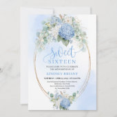 Script Blue Floral Gold Sweet 16 Birthday Invites Einladung (Vorderseite)