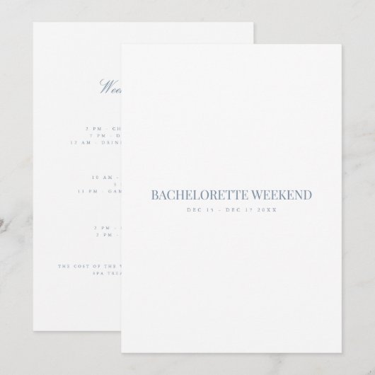Script Blue & White Bachelorette Weekend Card Einladung (Vorne/Hinten)