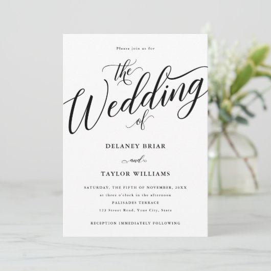 Script Blühe Moderne Schwarz-Weiß-Hochzeit Einladung (Stehend Vorderseite)