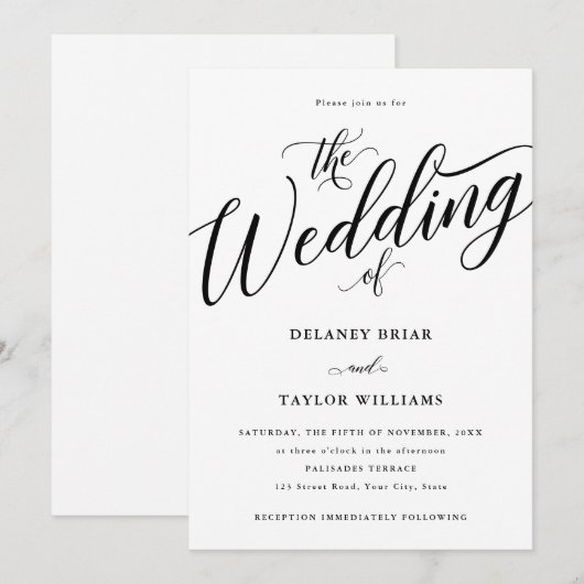 Script Blühe Moderne Schwarz-Weiß-Hochzeit Einladung (Vorne/Hinten)