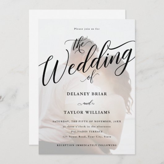 Script Blühe Modernes Foto Hochzeitseinladung Einladung (Vorne/Hinten)