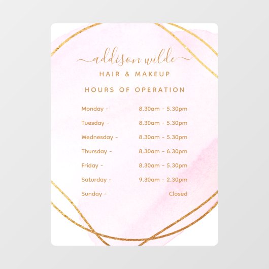 Script Blush Pink Watercolor Gold Geschäftszeiten Fensteraufkleber (Blatt)