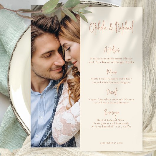 Script Boho Foto Cream Wedding Menu Card Einladung