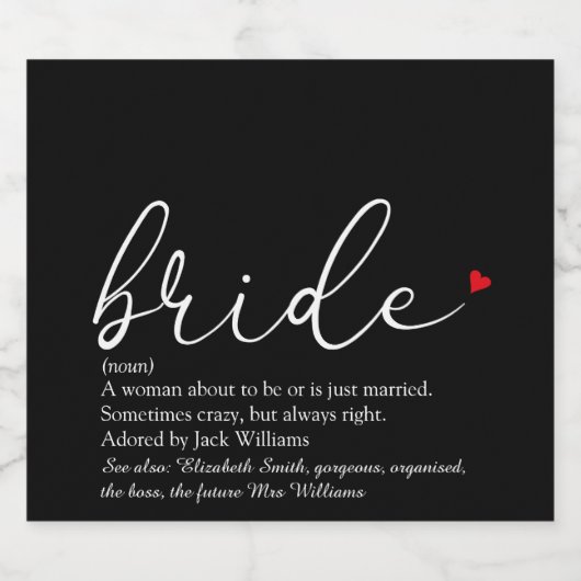 Script Bridge Definition Brautparty Schwarz Schaumweinetikett (Einzelnes Label)