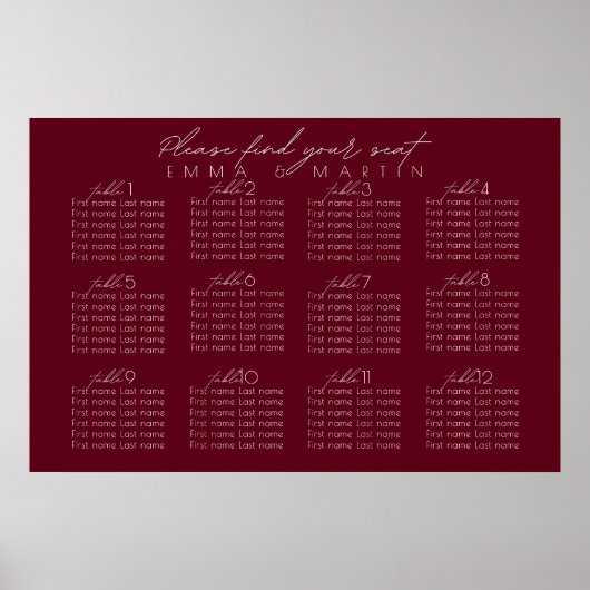Script Burgundy Seating Chart Poster (Vorne)