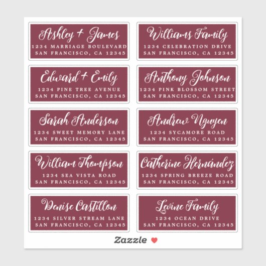 Script Burgundy Wedding Guest Address Labels (Blatt)