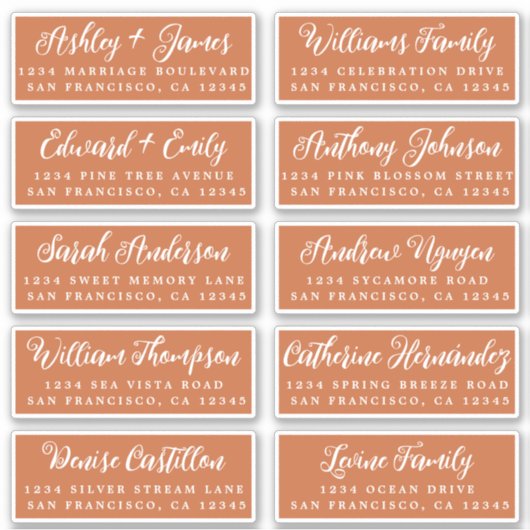 Script Burnt Orange Wedding Guest Address Labels (Vorderseite)