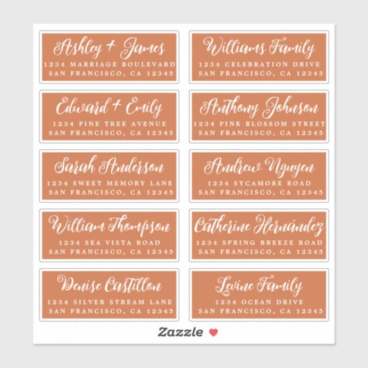 Script Burnt Orange Wedding Guest Address Labels (Blatt)