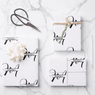 Script Calligraphy Black & White Mit Monogramm Nam Geschenkpapier Set