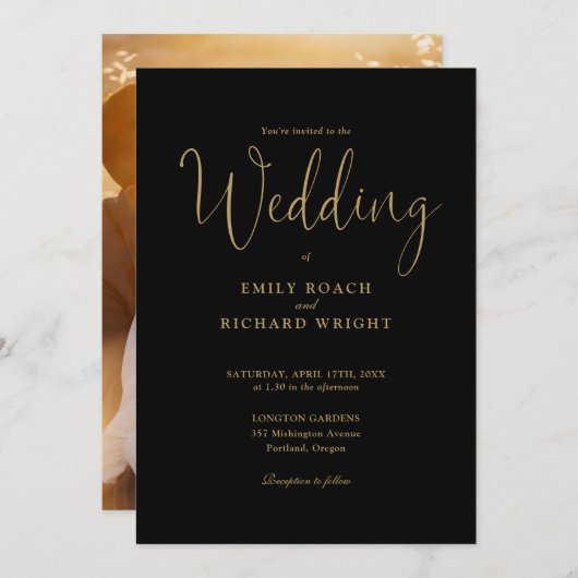 Script Calligraphy Foto Black and Gold Wedding Einladung (Vorne/Hinten)