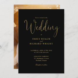 Script Calligraphy Foto Black and Gold Wedding Einladung