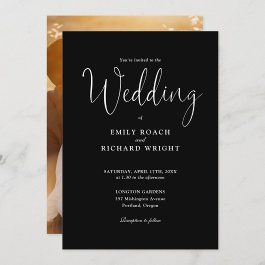 Script Calligraphy Foto Black and White Wedding Einladung (Vorne/Hinten)