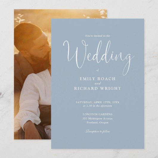Script Calligraphy Foto Dusty Blue Wedding Einladung (Vorne/Hinten)
