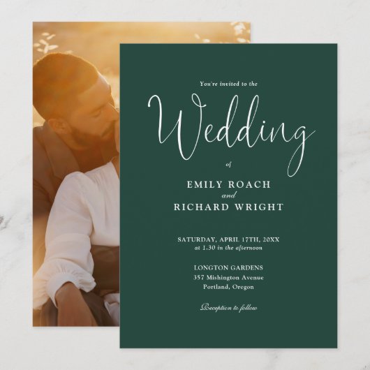Script Calligraphy Foto Emerald Green Wedding Einladung (Vorne/Hinten)