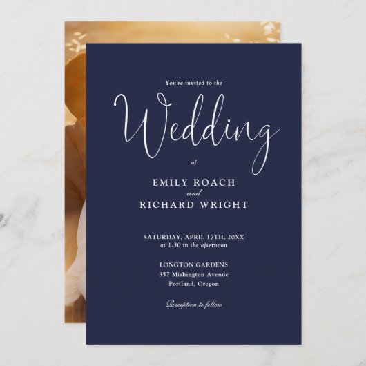 Script Calligraphy Foto Navy Blue Wedding Einladung (Vorne/Hinten)