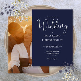 Script Calligraphy Foto Navy Blue Wedding Einladung