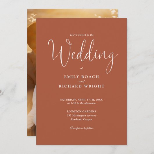 Script Calligraphy Foto Terracotta Wedding Einladung (Vorne/Hinten)