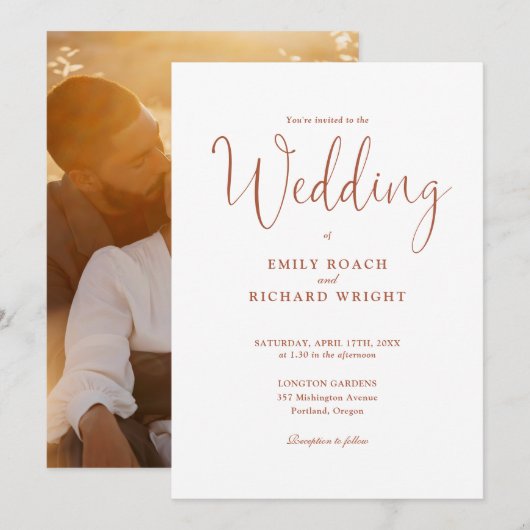 Script Calligraphy Foto Terracotta Wedding Einladung (Vorne/Hinten)
