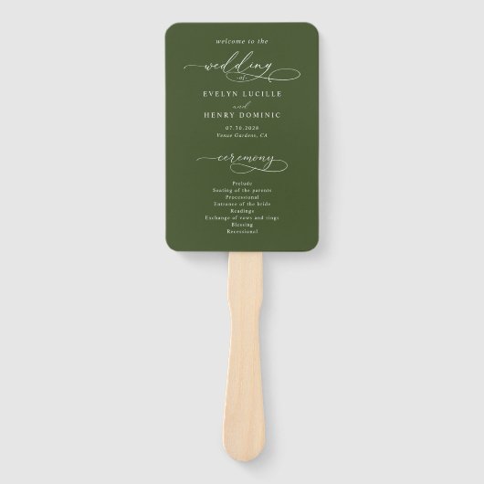 Script Calligraphy Olive Green Wedding Program Fächer (Vorderseite)