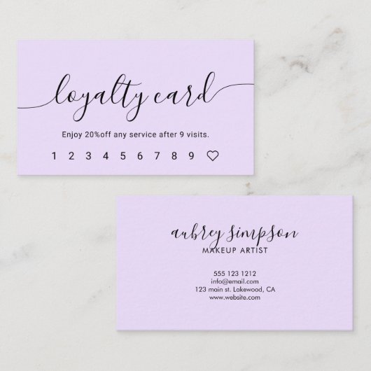 Script Calligraphy Pastel Lila Loyalty Card Treuekarte (Vorne/Hinten)