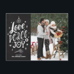 Script Chalkboard Love Peace and Joy Lettering Feiertagspostkarte<br><div class="desc">Love,  peace and joy. Send holiday greetings and wishes to family and friends with this rustic Christmas postcard. It feys a rustic chalk script with an Chalkboard background. Personalize by adding fotos,  Names,  Botschaften und Addresses. This rustic Christmas foto postcard is perfect for this holiday season.</div>