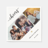 Script Cheers 3 Foto Collage & Gold Heart Wedding Serviette (Vorderseite)