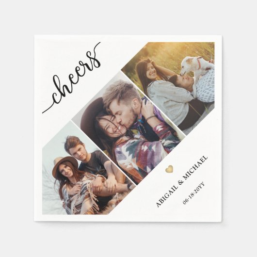 Script Cheers 3 Foto Collage & Gold Heart Wedding Serviette (Vorderseite)