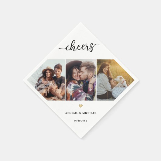 Script Cheers 3 Foto Collage & Gold Heart Wedding Serviette (Ecke)