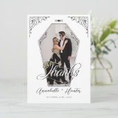 Script Coffin Foto Gothic Halloween Hochzeit Dankeskarte (Stehend Vorderseite)