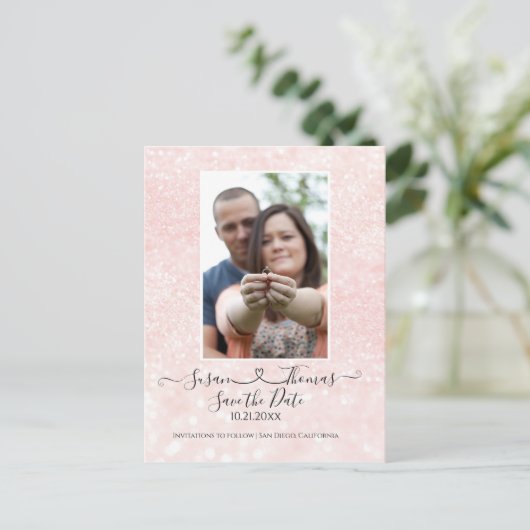 Script Connected Heart Glitzer Blush Save the Date Ankündigungspostkarte (Stehend Vorderseite)