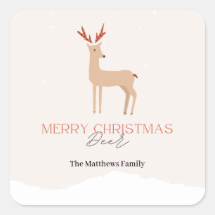 Script Creamy Biege Weihnachtsbaum & Familienname Quadratischer Aufkleber