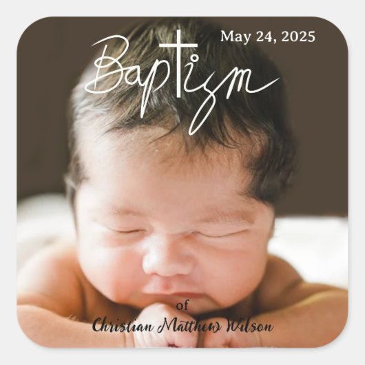 Script Cross Christening Religious Baptism Quadratischer Aufkleber (Vorderseite)