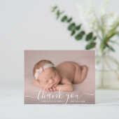 Script Danke Foto Overlay Baby Birth Ankündigungspostkarte (Stehend Vorderseite)