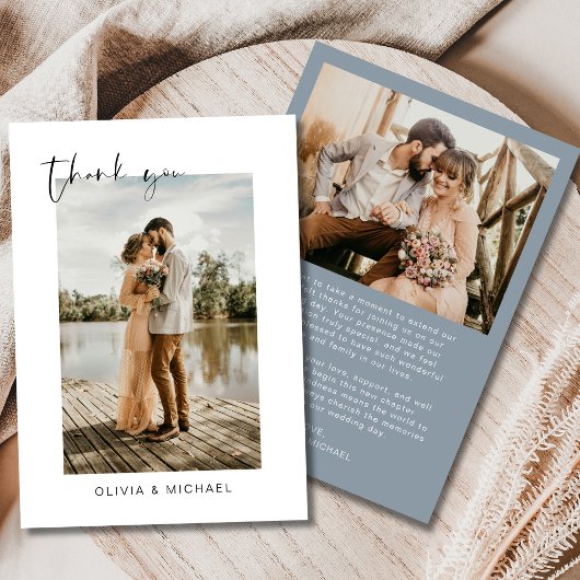 Script Dusty Blue Foto Wedding Danke Card