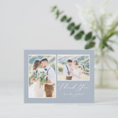 Script Dusty Blue Two Foto Wedding Vielen Dank Postkarte (Stehend Vorderseite)