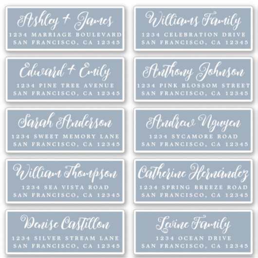 Script Dusty Blue Wedding Guest Address Labels (Vorderseite)