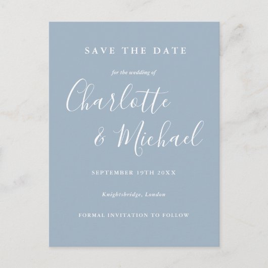 Script Dusty Blue Wedding Save the Date Card Postkarte (Vorderseite)