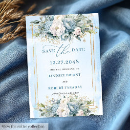 Script Dusty Blue White Gold Blume Save the Date Einladung