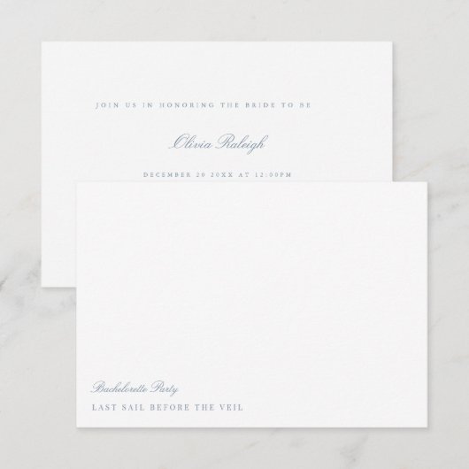Script Dusty Blue & White Junggeselinnen-Abschied Einladung (Vorne/Hinten)