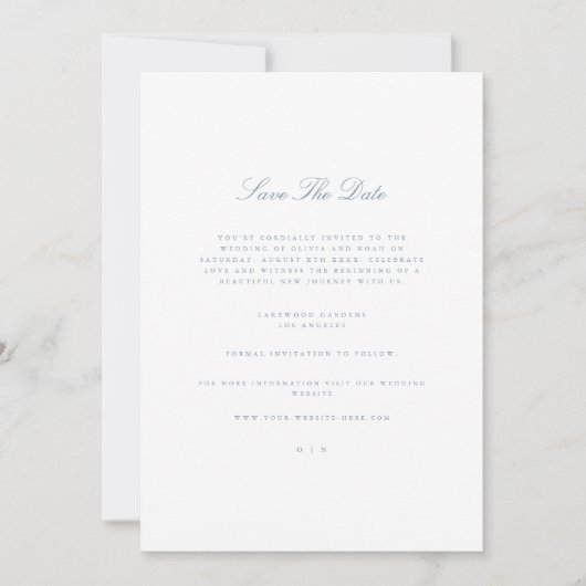 Script Dusty Blue & White Save the Date Card Ankündigung (Vorderseite)