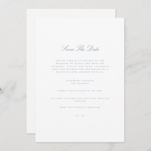 Script Dusty Blue & White Save the Date Card Ankündigung (Vorne/Hinten)