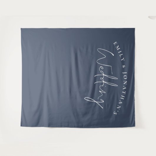 Script Dusty Navy Blue Wedding Foto Hintergrund Wandteppich (Vorderseite (Horizontal))