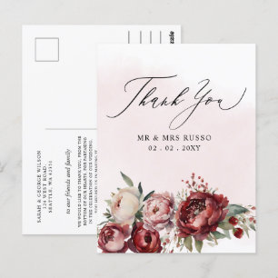 Script Elegant Burgundy Blush Floral Vielen Dank Postkarte