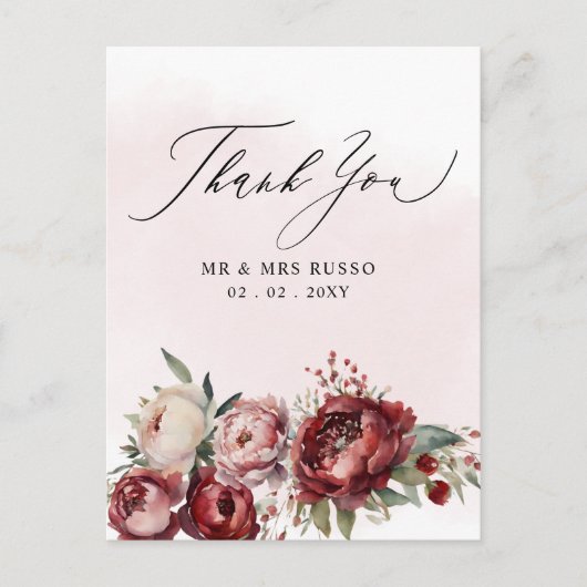 Script Elegant Burgundy Blush Floral Vielen Dank Postkarte (Vorderseite)
