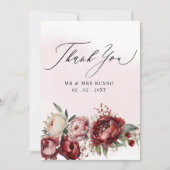 Script Elegant Burgundy Blush Floral Wedding Dankeskarte (Vorderseite)